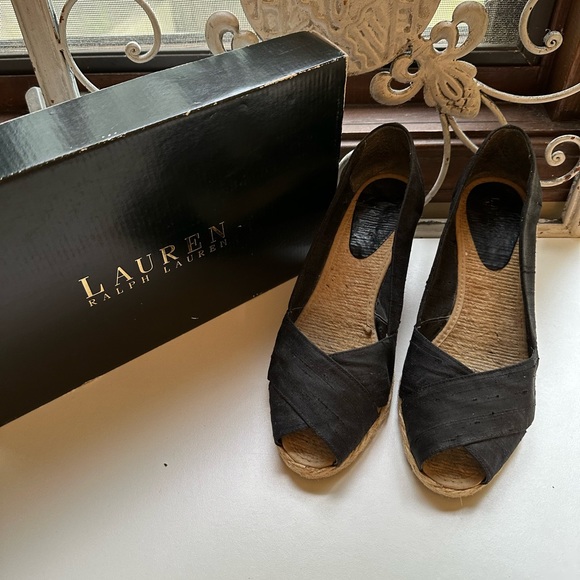 Lauren Ralph Lauren Cecilia Black Shantung Espadrille Wedge Shoes 8.5B - Picture 6 of 6